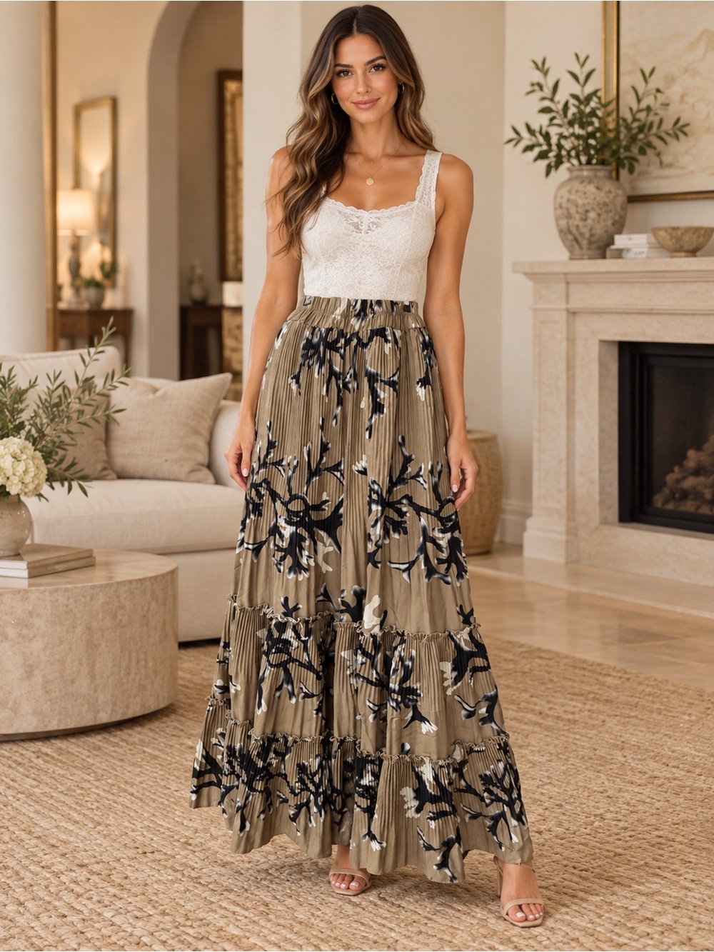 Zoya Taupe Floral Pleated Tiered Maxi Skirt Size 2